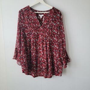 charter club women's floral top size XL red flowerly bell long sleeves‎